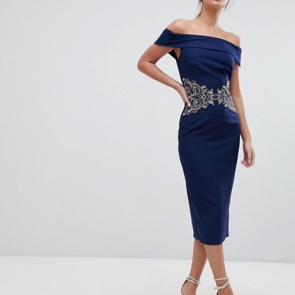 ASOS OFF THE SHOULDER MIDI DRESS EMBROIDERED WAIST - Picture 4 of 8